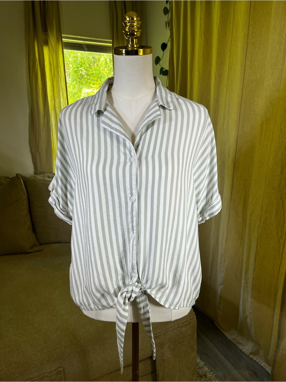 beachlunchlounge Sage & White Striped Tie-Front Rayon Lyocell blend Button Shirt